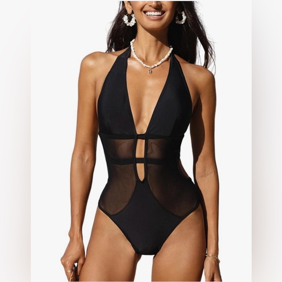 Women's One Piece Swimsuit Bathing Suit Deep V Neck Halter Back Tie Mesh D15 - Picture 1 of 7